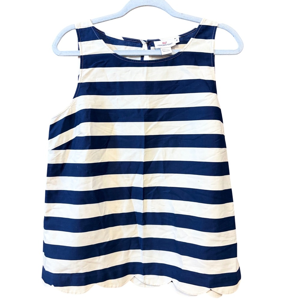 Vineyard Vines Navy Blue White Striped Scallop Hem Sleeveless Top Size 10